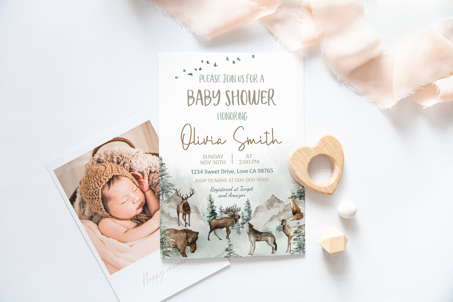 Woodland Baby Shower Invitation | Editable Forest Animals Baby Invite - 47H