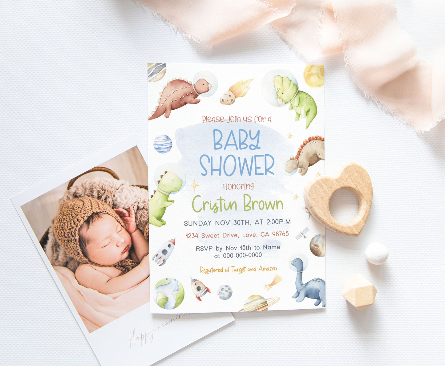 Space Dinosaurs Baby Shower Invitation | Editable Astronaut Dino Baby Shower Invite - 39D