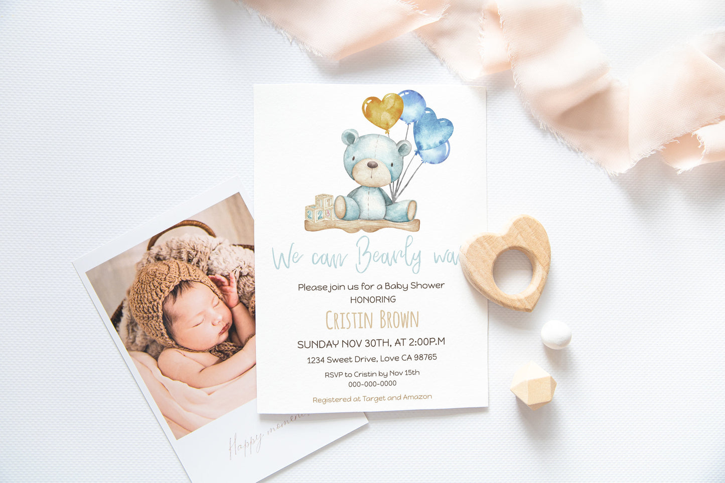 Teddy bear baby shower invitation blue | Editable boy baby shower invite - 76A