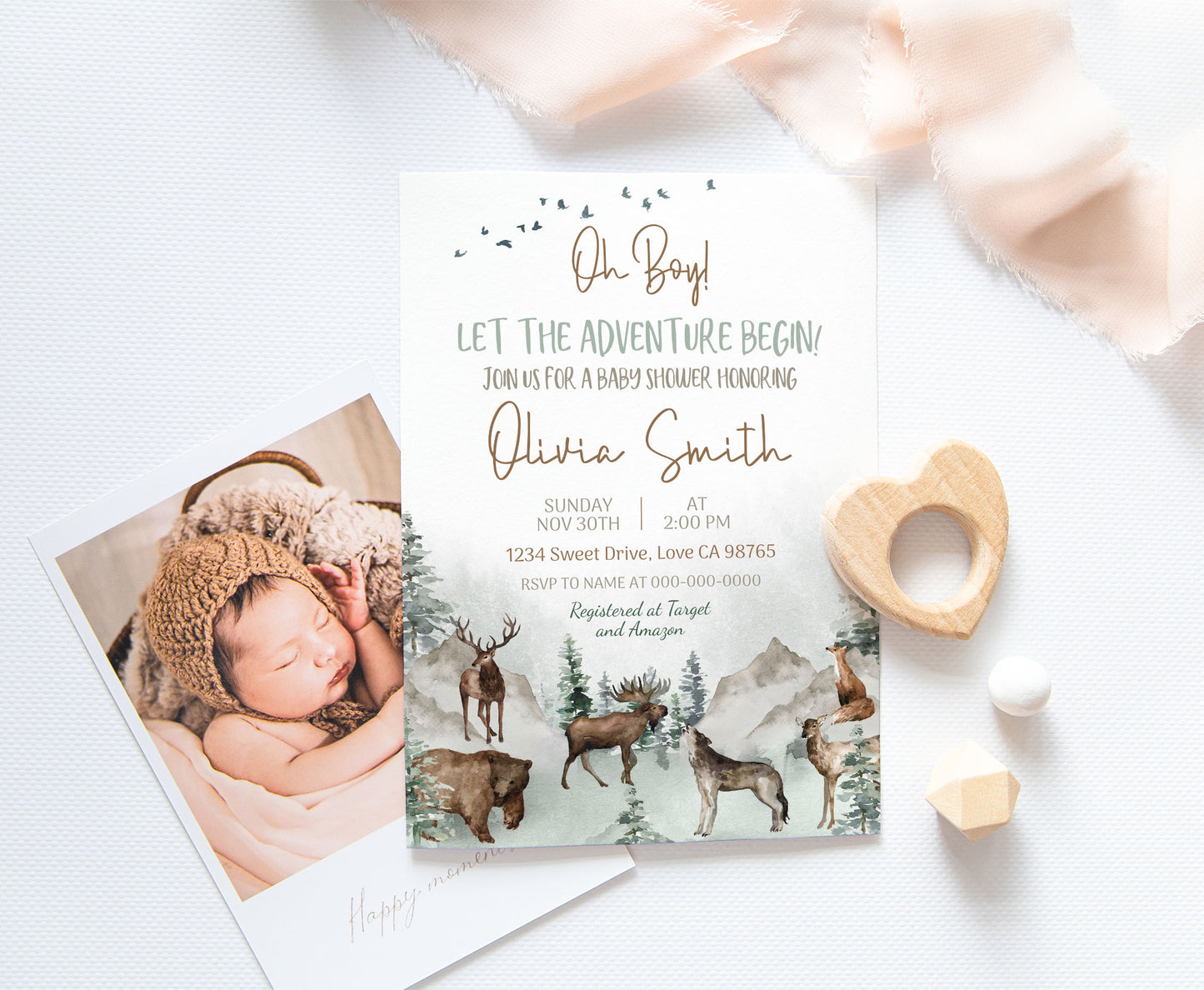 Let The Adventure Begin Invitation | Editable Woodland Animals Baby shower Invite - 47H