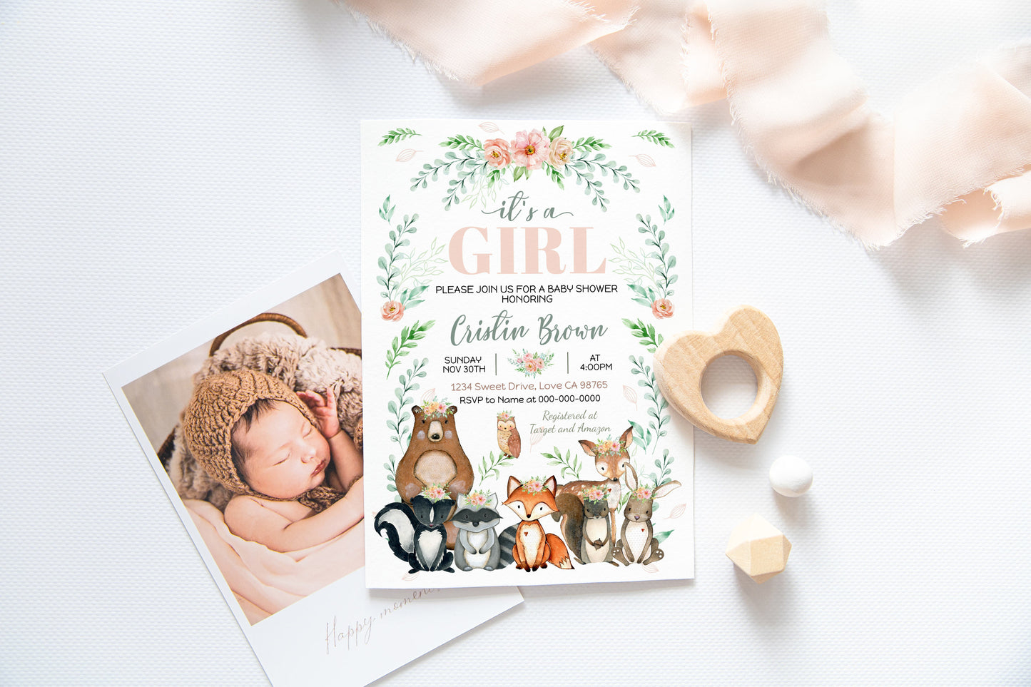 It's a girl Baby Shower Invitation| Woodland Animals Baby Shower Invite - 47J3