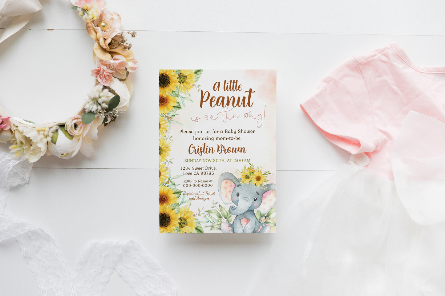 Sunflower Elephant Baby Shower Invitation | Floral Girl Baby Shower Invite - 63B