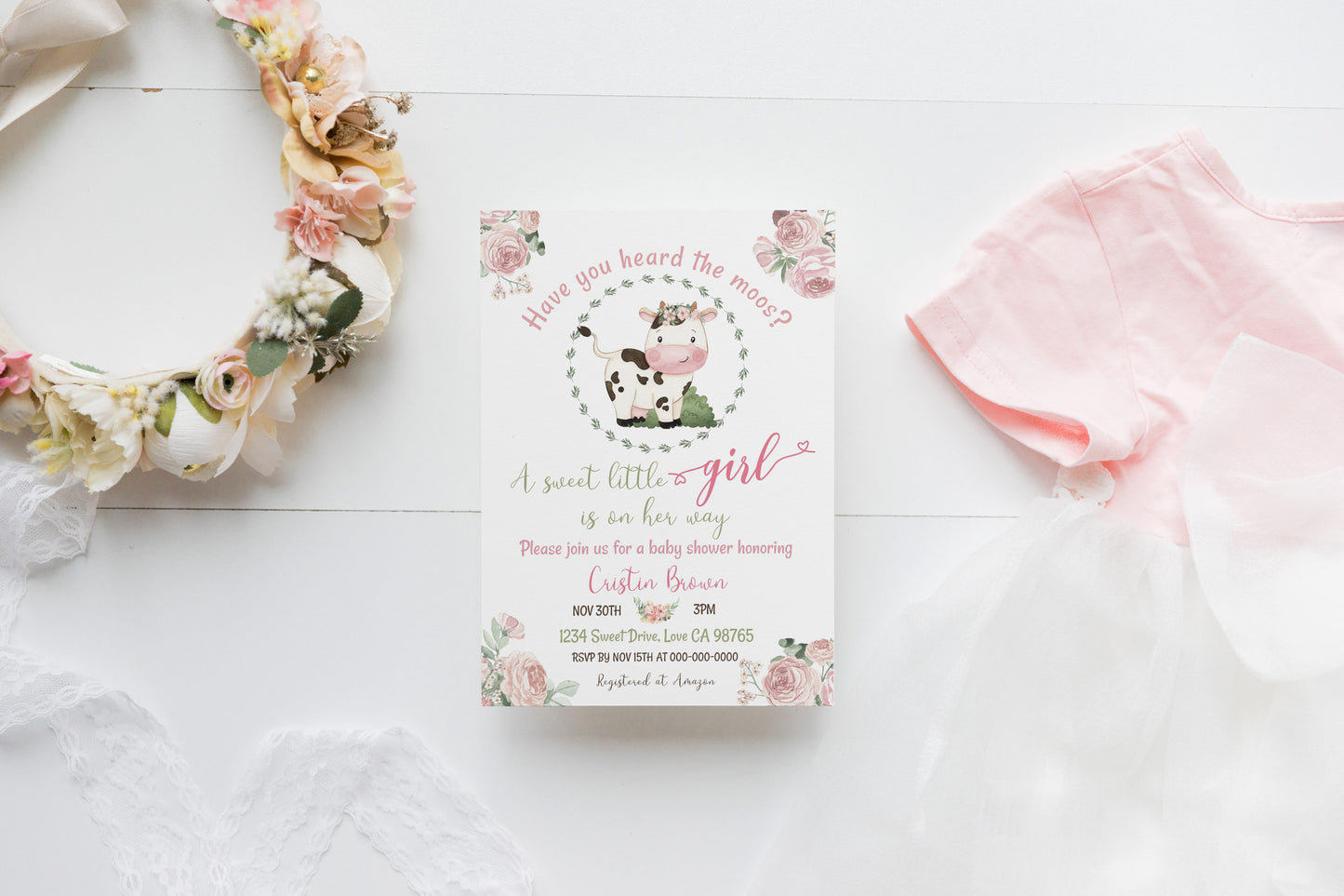 Floral Cow Baby Shower Invitation | Farm Girl Shower Invite - 11A