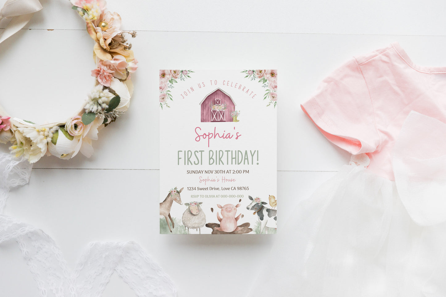 Pink Farm Animals Birthday Invitation | Girl Barnyard Party Invite - 11B