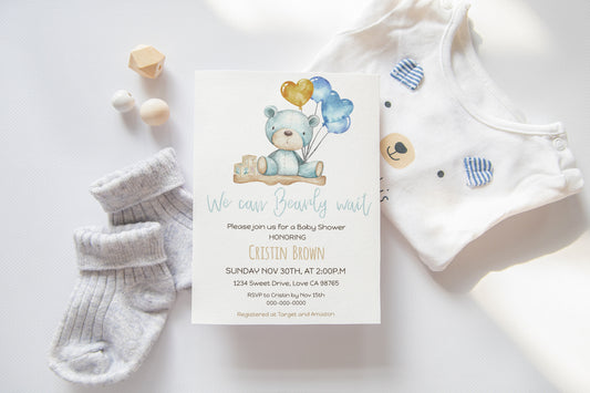 Teddy bear baby shower invitation blue | Editable boy baby shower invite - 76A