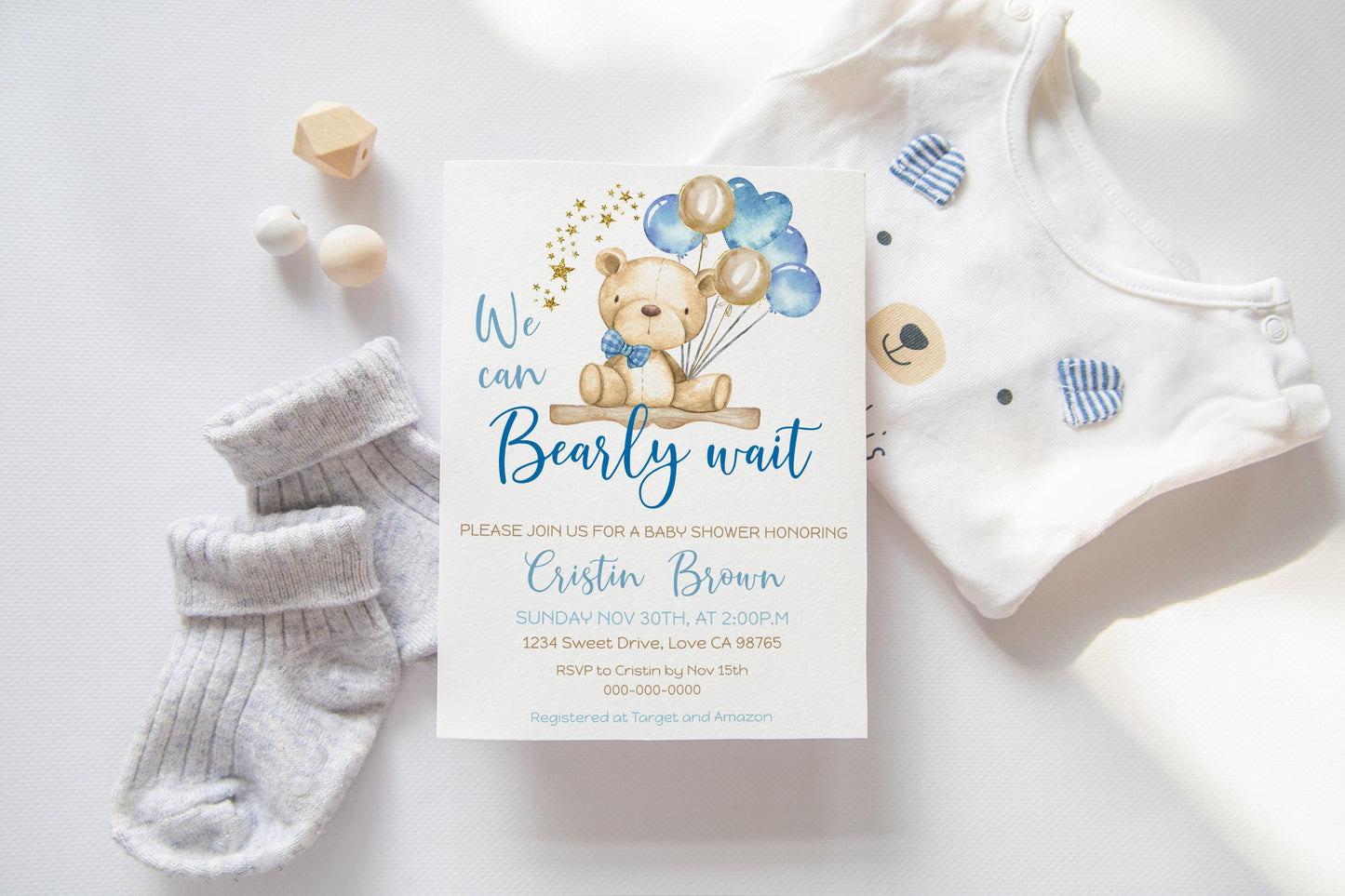 Gold and Blue Teddy Bear Baby Shower Invitation - 76A