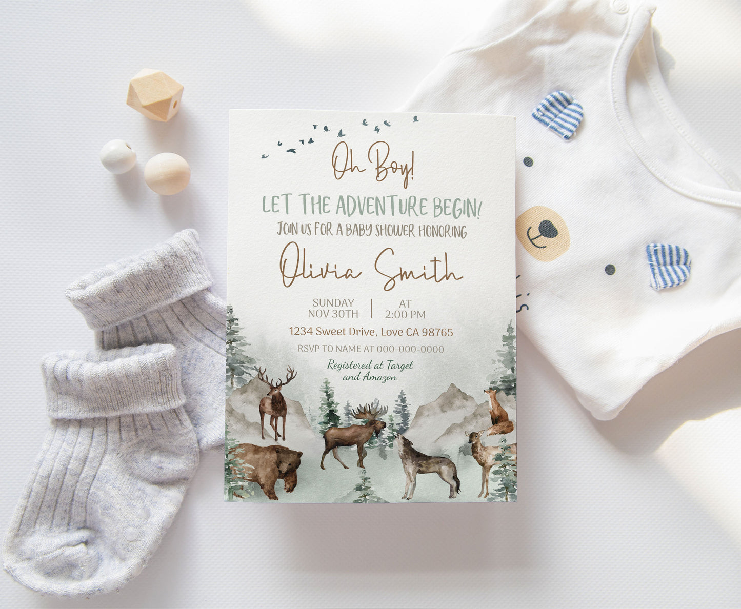 Let The Adventure Begin Invitation | Editable Woodland Animals Baby shower Invite - 47H