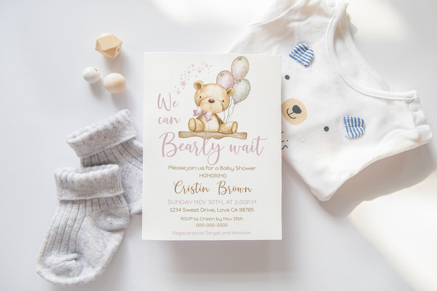 Pink Teddy Bear baby shower invitation | Editable Girl Baby Shower Invite - 76A