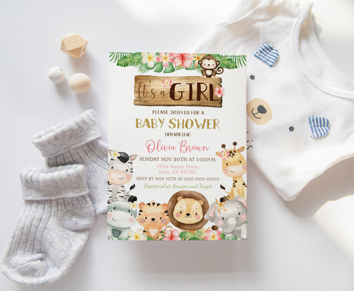 Floral Safari Baby Shower Invitation | Editable Jungle It's a Girl Baby Shower Invite - 35E