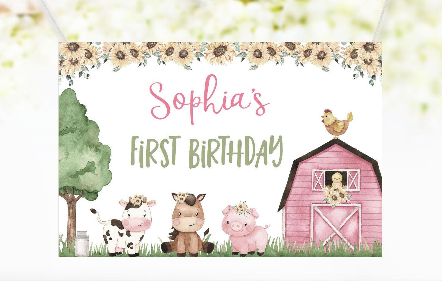 Editable Sunflowers Farm Birthday Backdrop Banner | Pink Barnyard Party Sign - 11G