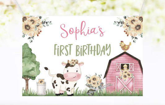 Editable Sunflowers Cow Birthday Backdrop Banner | Pink Barnyard Party Sign - 11G