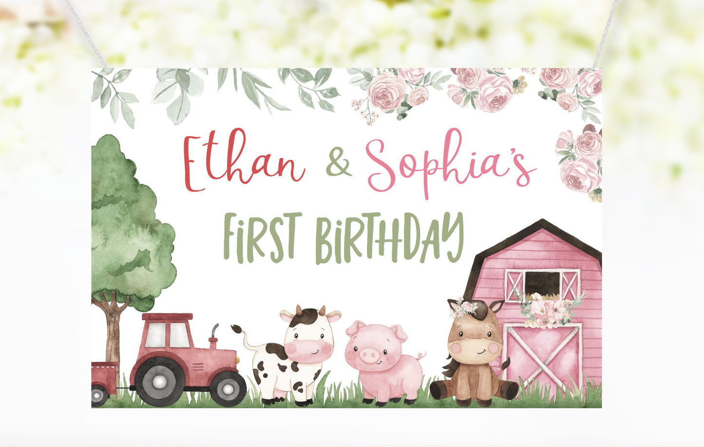 Editable Twins Farm Birthday Backdrop Banner | Siblings Barnyard Party Sign - 11A