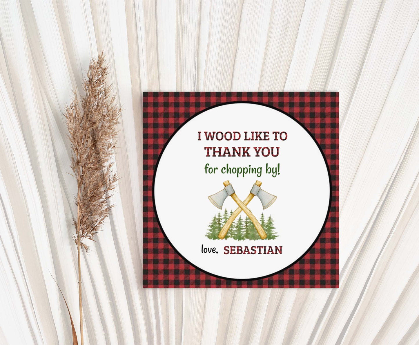 Editable Lumberjack Thank You Tags 2"x2" Round and Square | Lumberjack Birthday Party Decorations - 19A