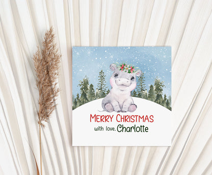 Merry Christmas  2"x2" Tag round and square| Editable Hippo Christmas Gift Tag - 112