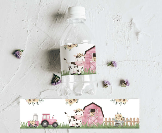 Sunflower Cow Water Bottle Labels | Girl Farm Themed Party Decorations - 11G