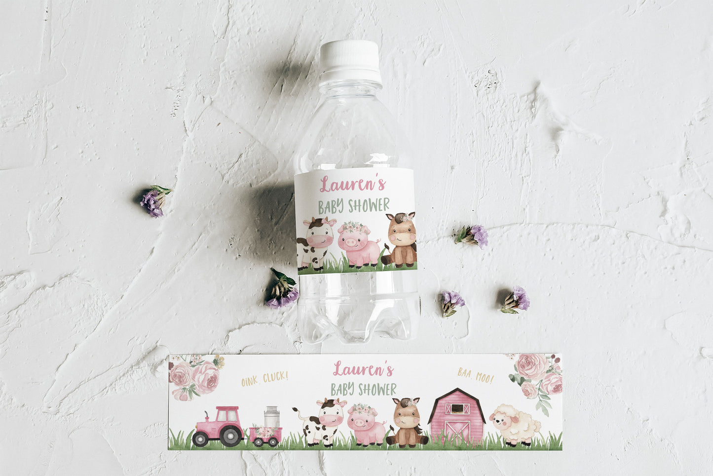 Editable farm water bottle label girl | Barnyard baby shower decorations - 11A