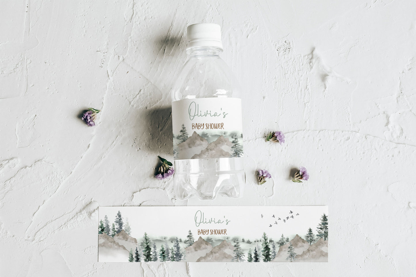 Editable Mountains Water Bottle Labels | Woodland Baby Shower Decorations - 47H