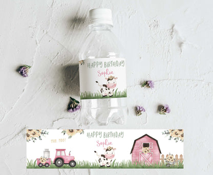 Editable Sunflower Cow Water Bottle Label | Farm Girl Birthday Decorations - 11G