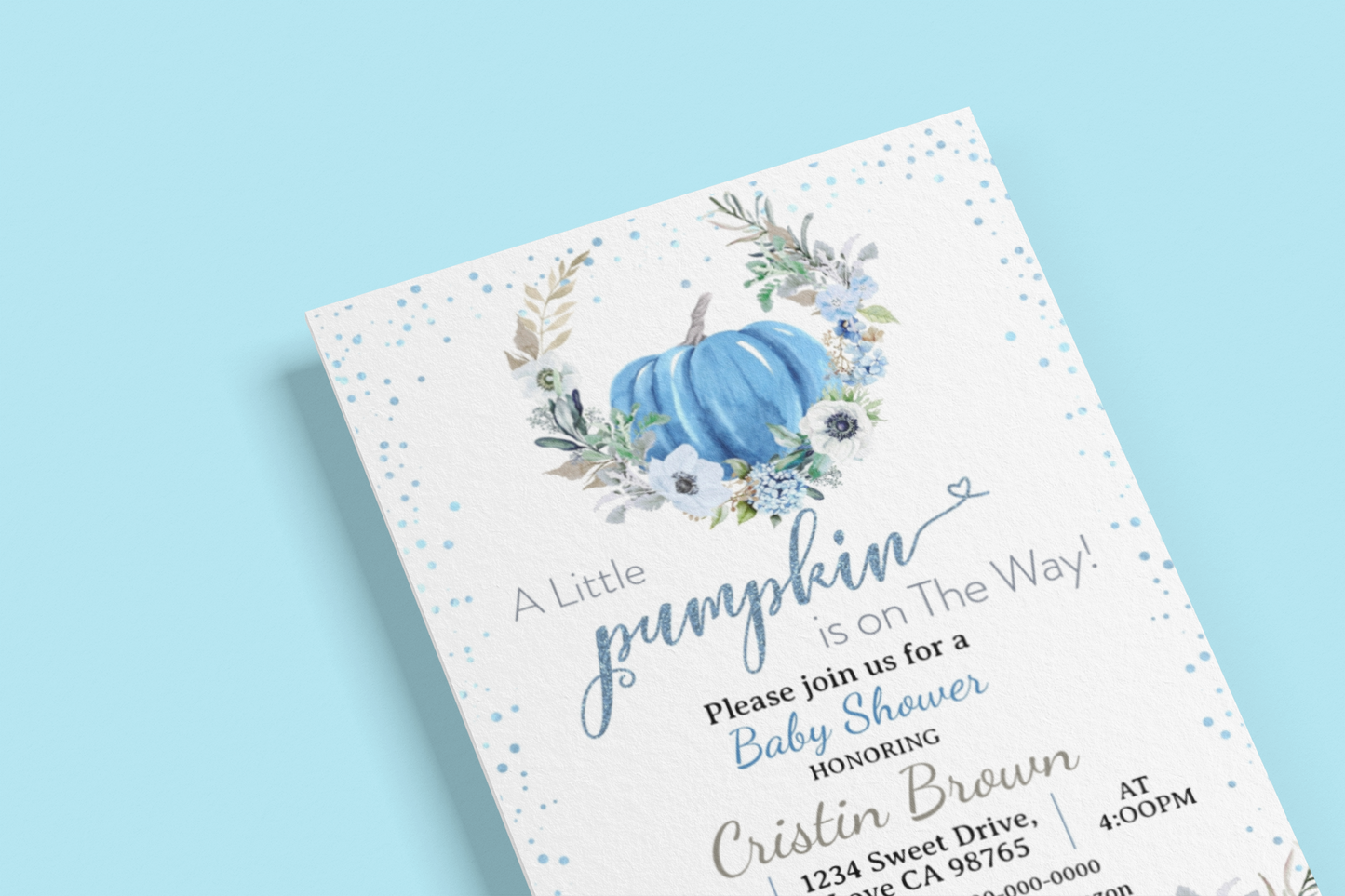 A Little Pumpkin is on the Way Editable Invitation | Pumpkin Boy Baby Shover - 30B