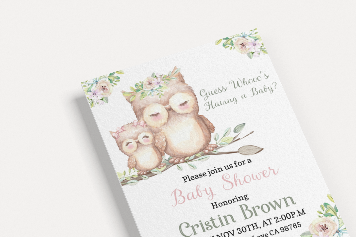 Guess Whoo's Having A Baby Invitation | Editable Owl Girl Baby Shower Invite - 78A