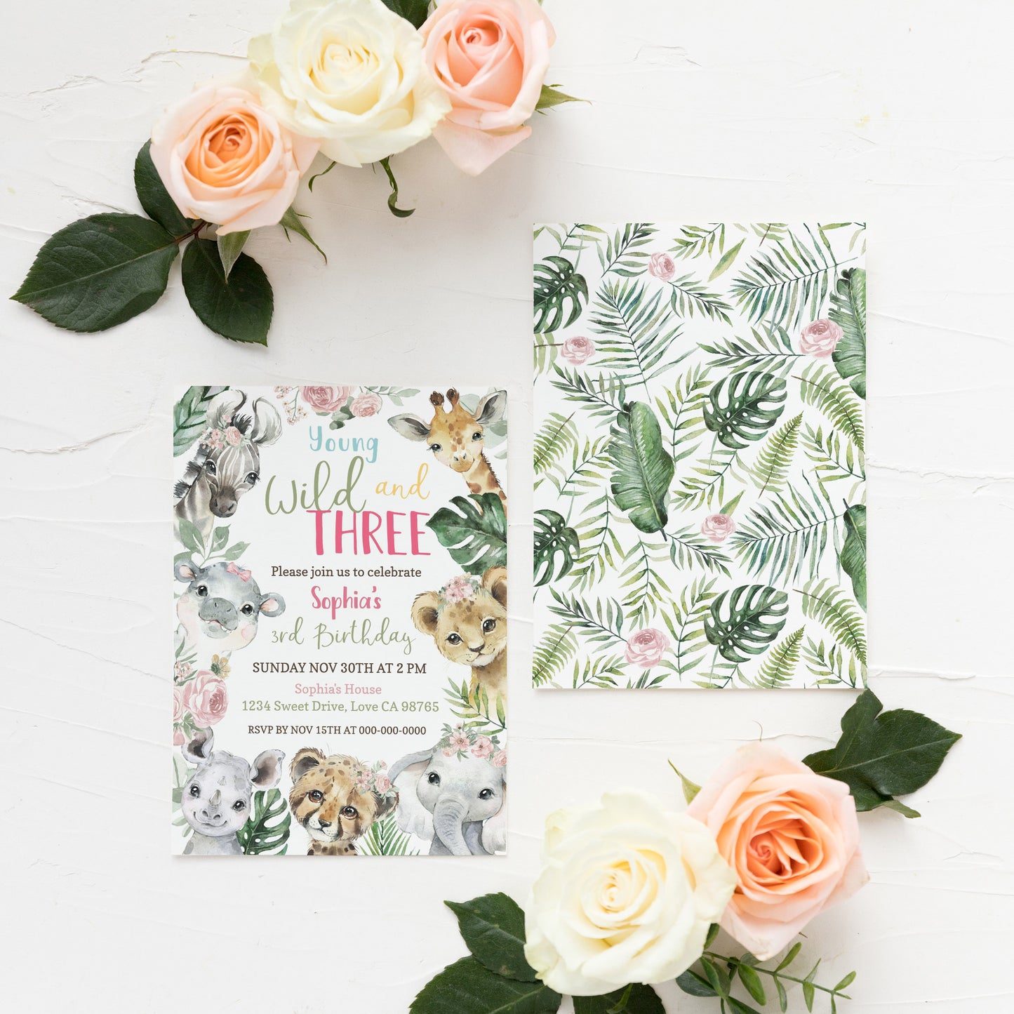 Young Wild and Three Invitation Girl | Floral Safari 3rd Birthday Party Invite - 35A