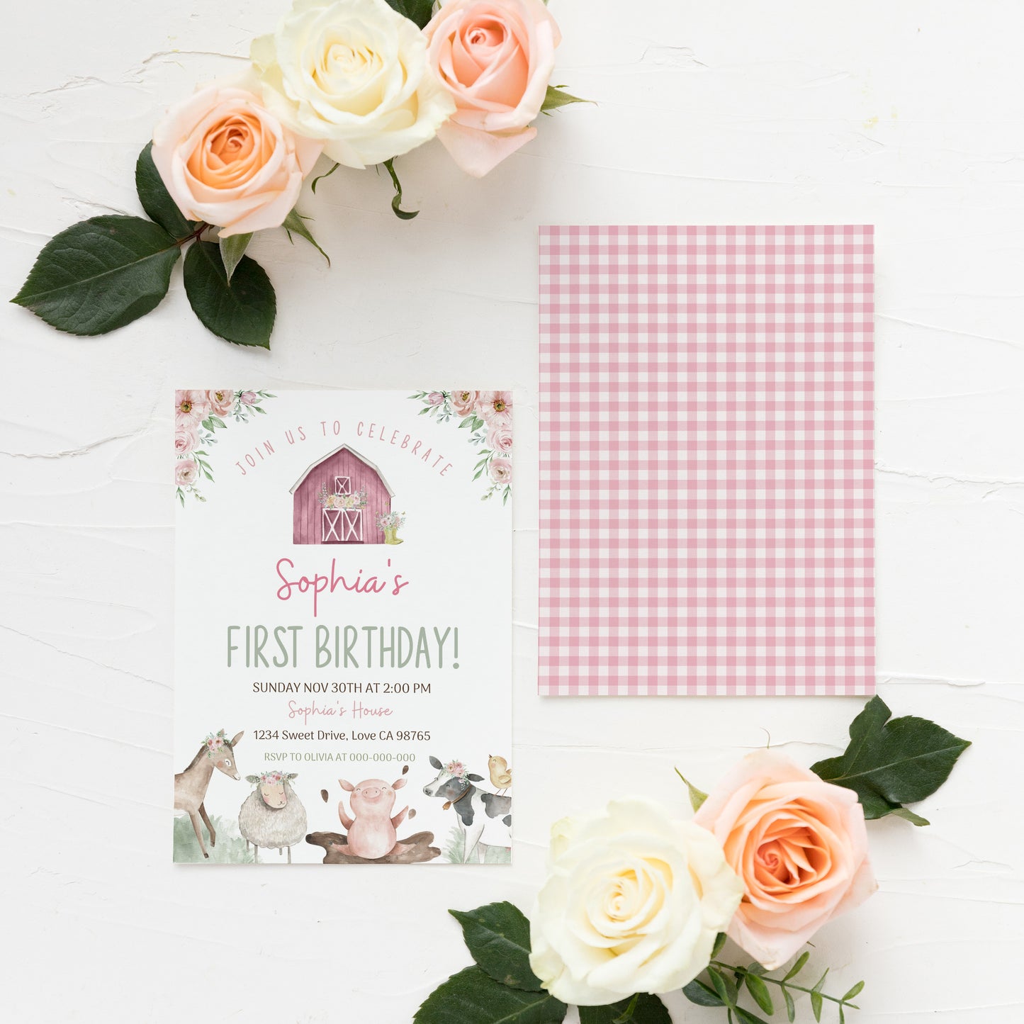 Pink Farm Animals Birthday Invitation | Girl Barnyard Party Invite - 11B