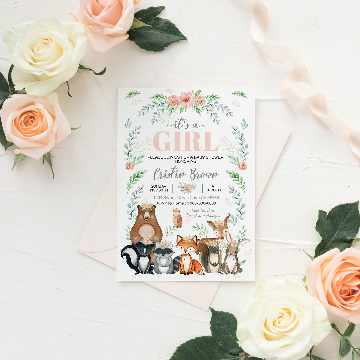 It's a girl Baby Shower Invitation| Woodland Animals Baby Shower Invite - 47J3