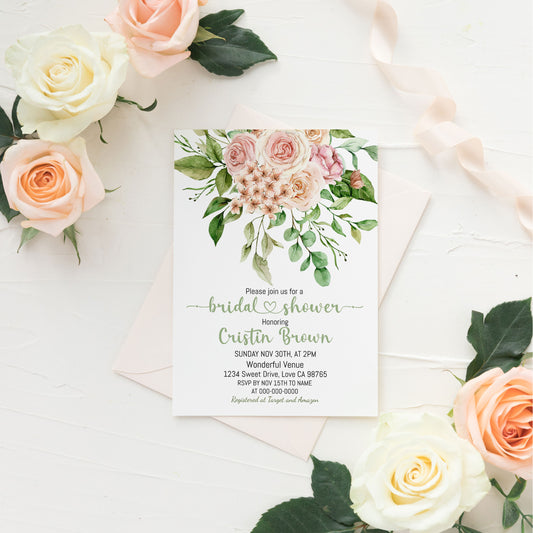 Cream and Blush Roses Bridal shower Invitation | Floral Bridal Shower Invite - 13Aw