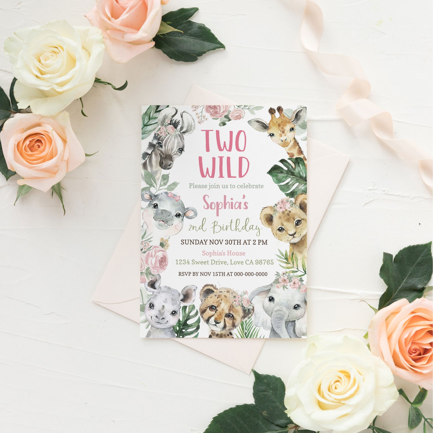 Two Wild Birthday Invitation Girl | Floral Safari 2nd Birthday Party Invite - 35A