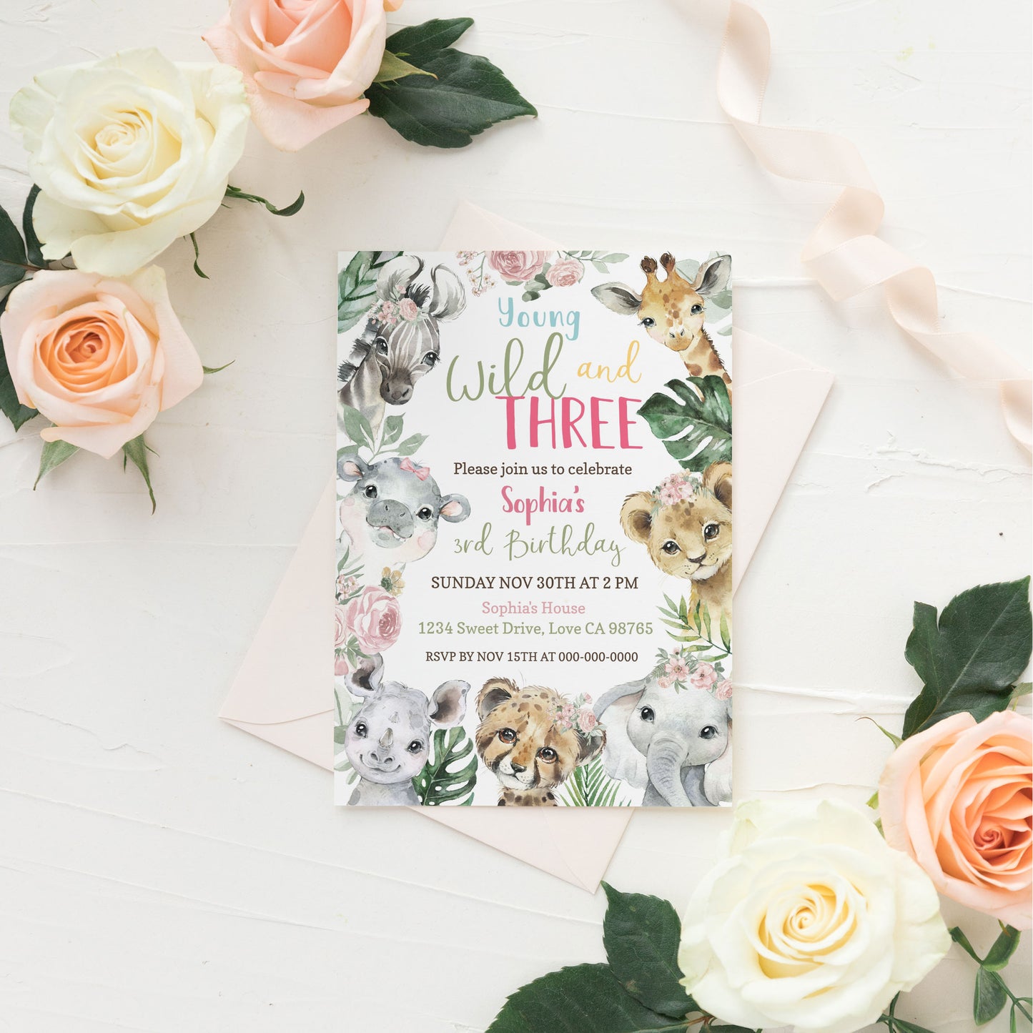 Young Wild and Three Invitation Girl | Floral Safari 3rd Birthday Party Invite - 35A