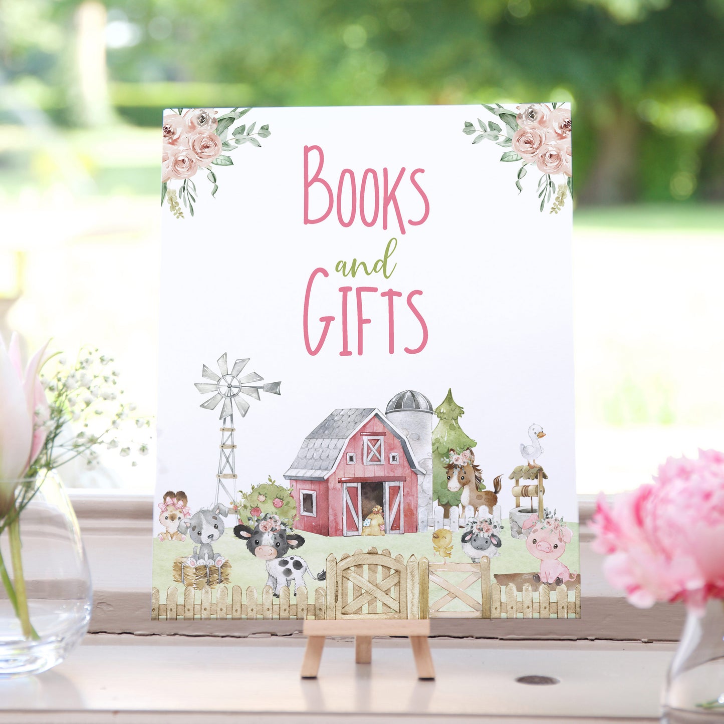 Books and Gifts Sign Printable | Pink Farm Baby Shower Decorations - 11C1