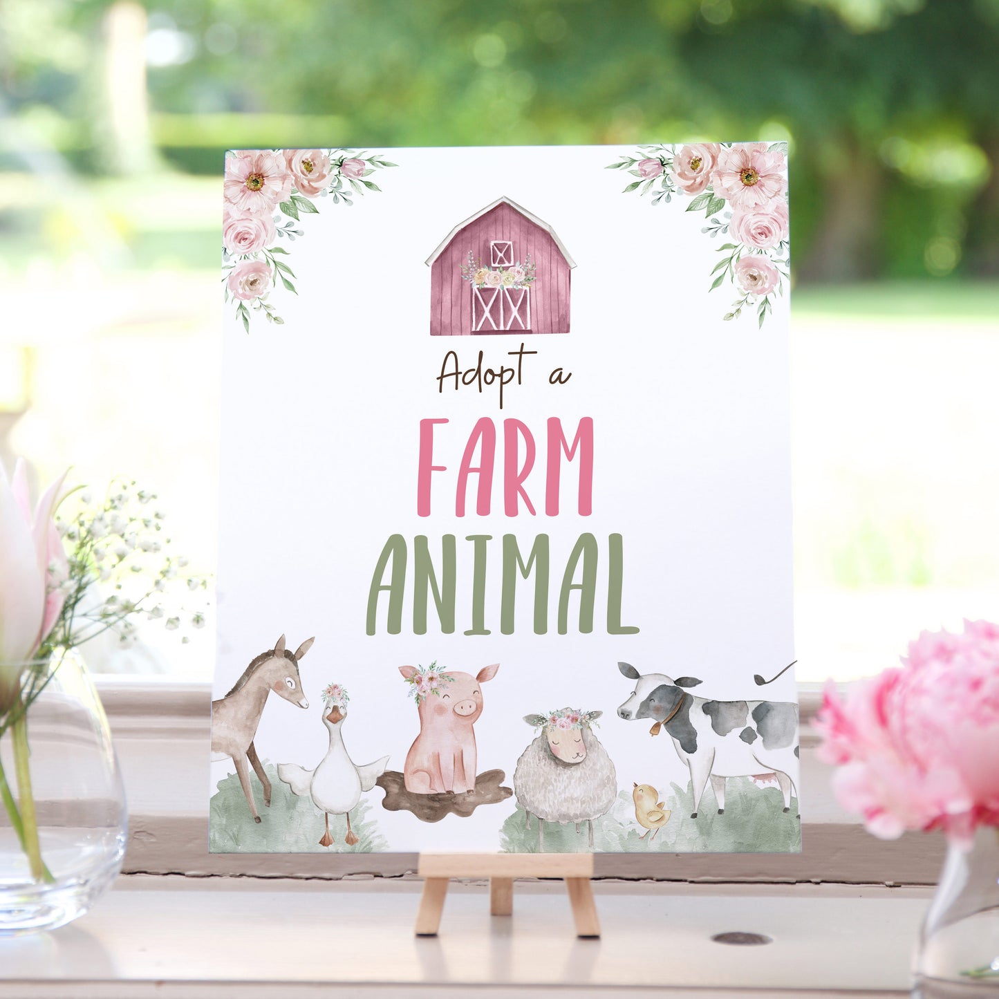 Adopt a Farm Animal Sign | Girl Farm Party Decorations - 11B