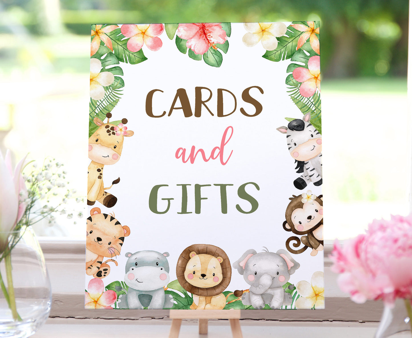 Safari Cards and Gifts Sign | Girl Jungle Animals Party Table Decorations - 35E