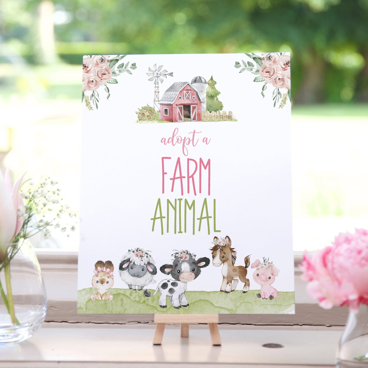 Adopt a farm animals Sign Printable | Floral Farm Party Table Decoration - 11C1