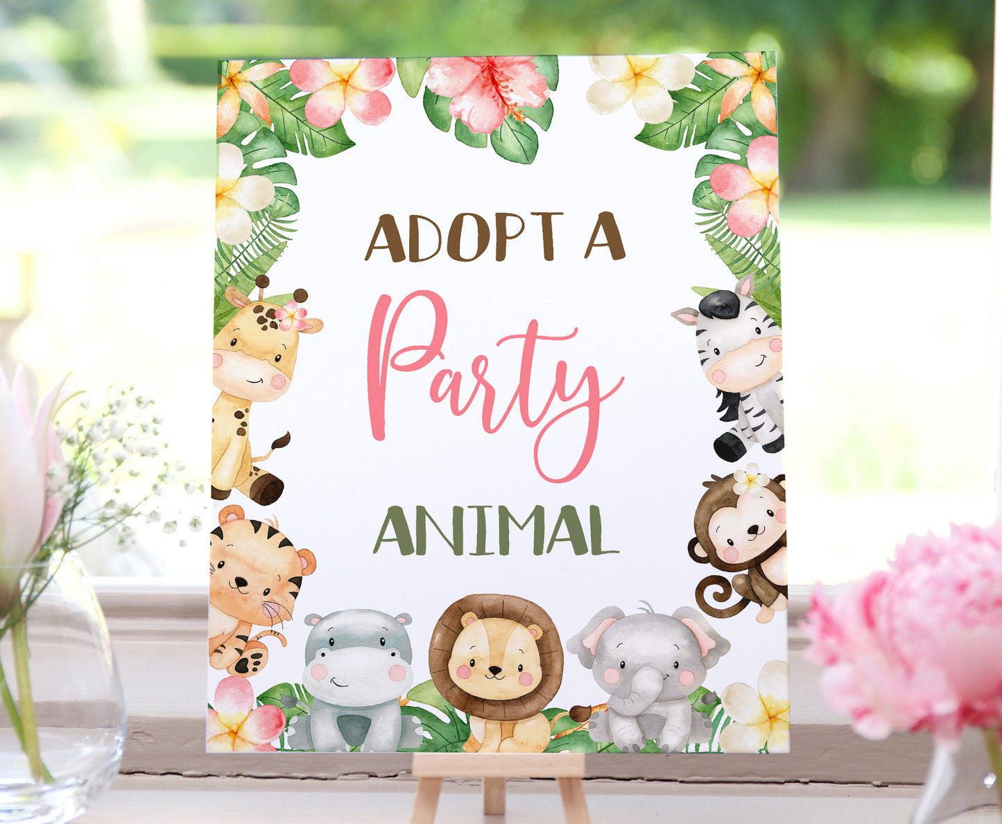 Safari Adopt an Animal Sign | Girl Jungle Animals Party Table Decorations - 35E