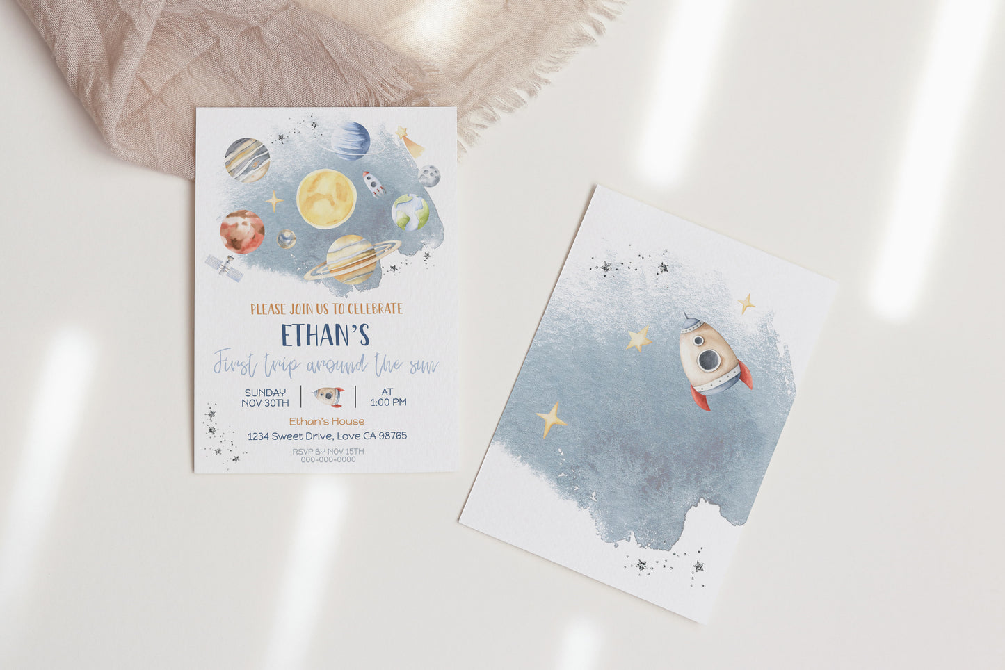 Outer Space First Birthday Invitation | Galaxy Birthday Party Invite - 39B