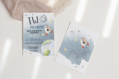 TWO The Moon Birthday Invitation | Space Second Birthday Party Invite - 39B