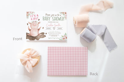 Floral Pig Baby Shower Invitation | Editable It's a Girl Farm Invite - 11B