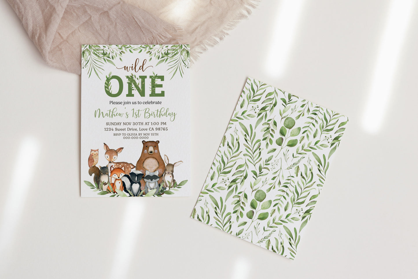 Wild One Birthday Invitation | Editable Woodland First Birthday Party Invite - 47J0