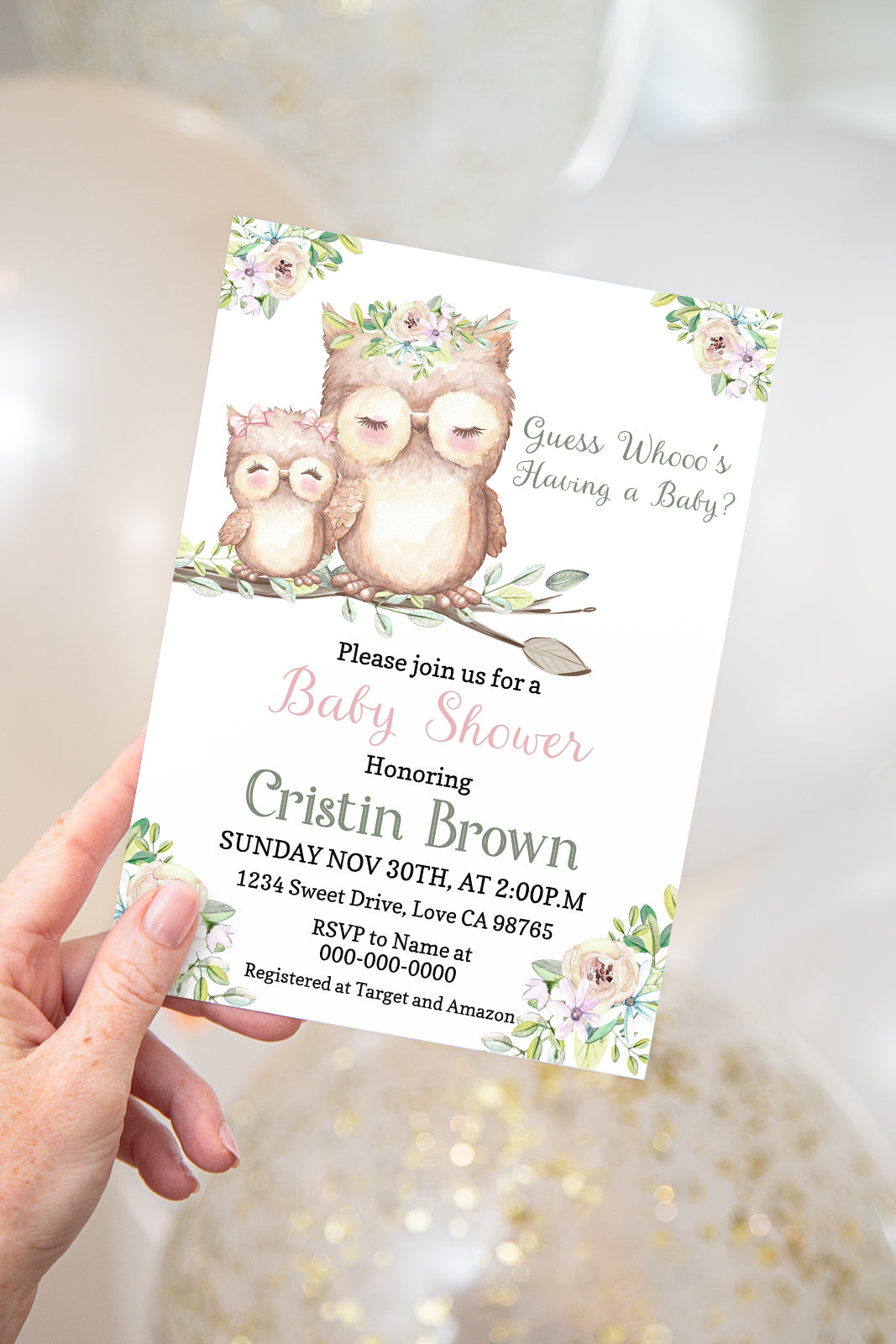 Guess Whoo's Having A Baby Invitation | Editable Owl Girl Baby Shower Invite - 78A