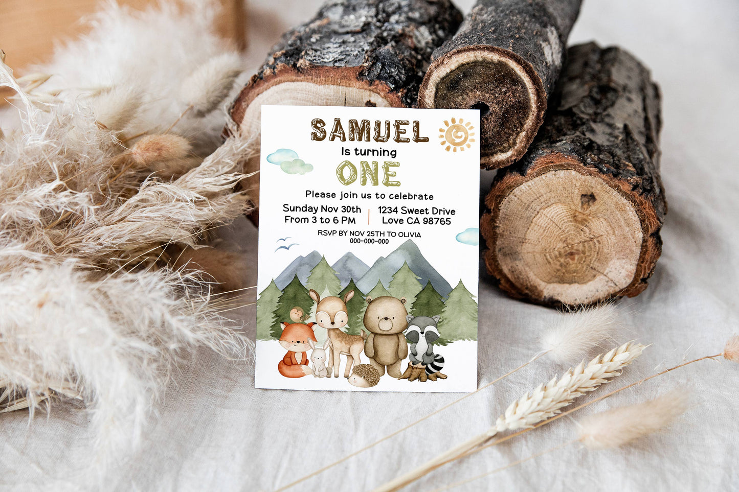 EDITABLE Woodland 1st Birthday Invitation | Forest Animals Birthday Party Invite - 47I