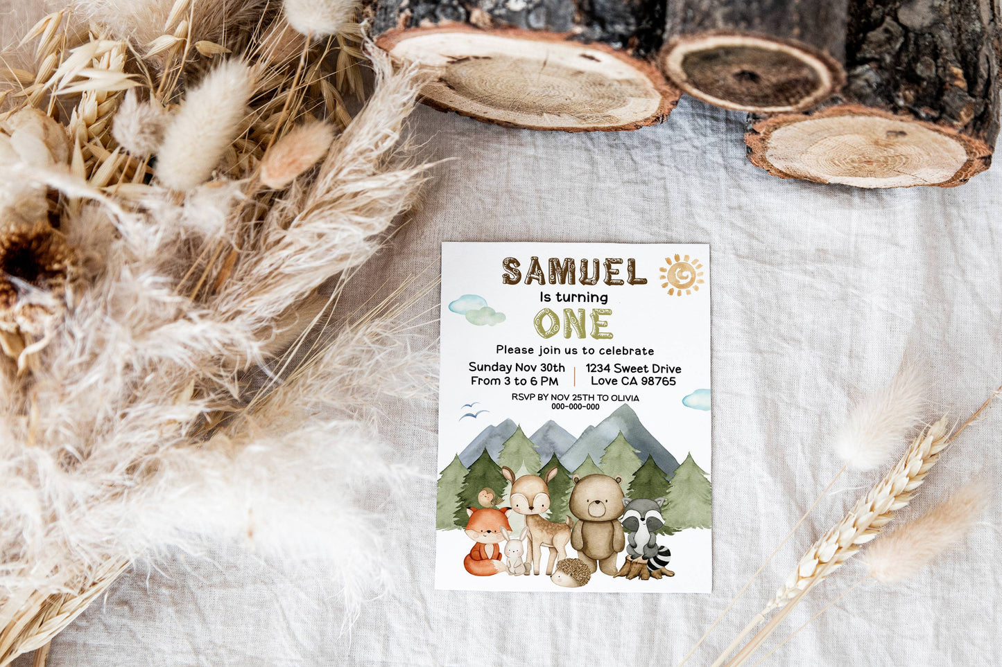 EDITABLE Woodland 1st Birthday Invitation | Forest Animals Birthday Party Invite - 47I