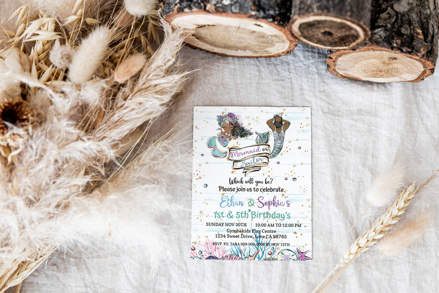 Mermaid or Sailor Party Invitation | EDITABLE Twins Birthday Invite - 20C1