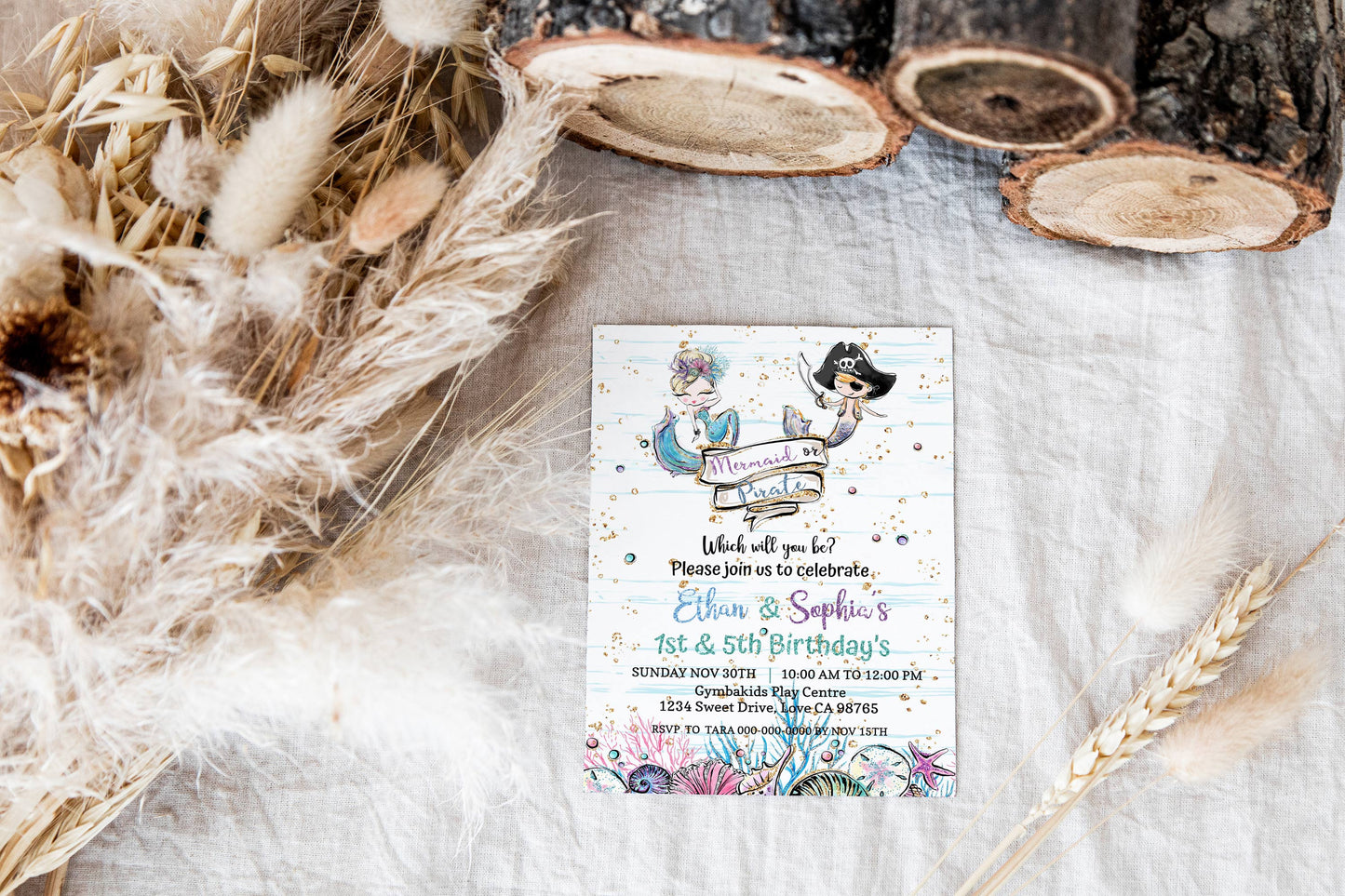 Mermaid and Pirate Party Invitation | EDITABLE Twins Birthday Invite - 20A1