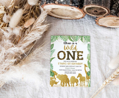 Gold Safari Animals 1st Birthday Invitation | Editable Wild One Birthday Invite - 35K