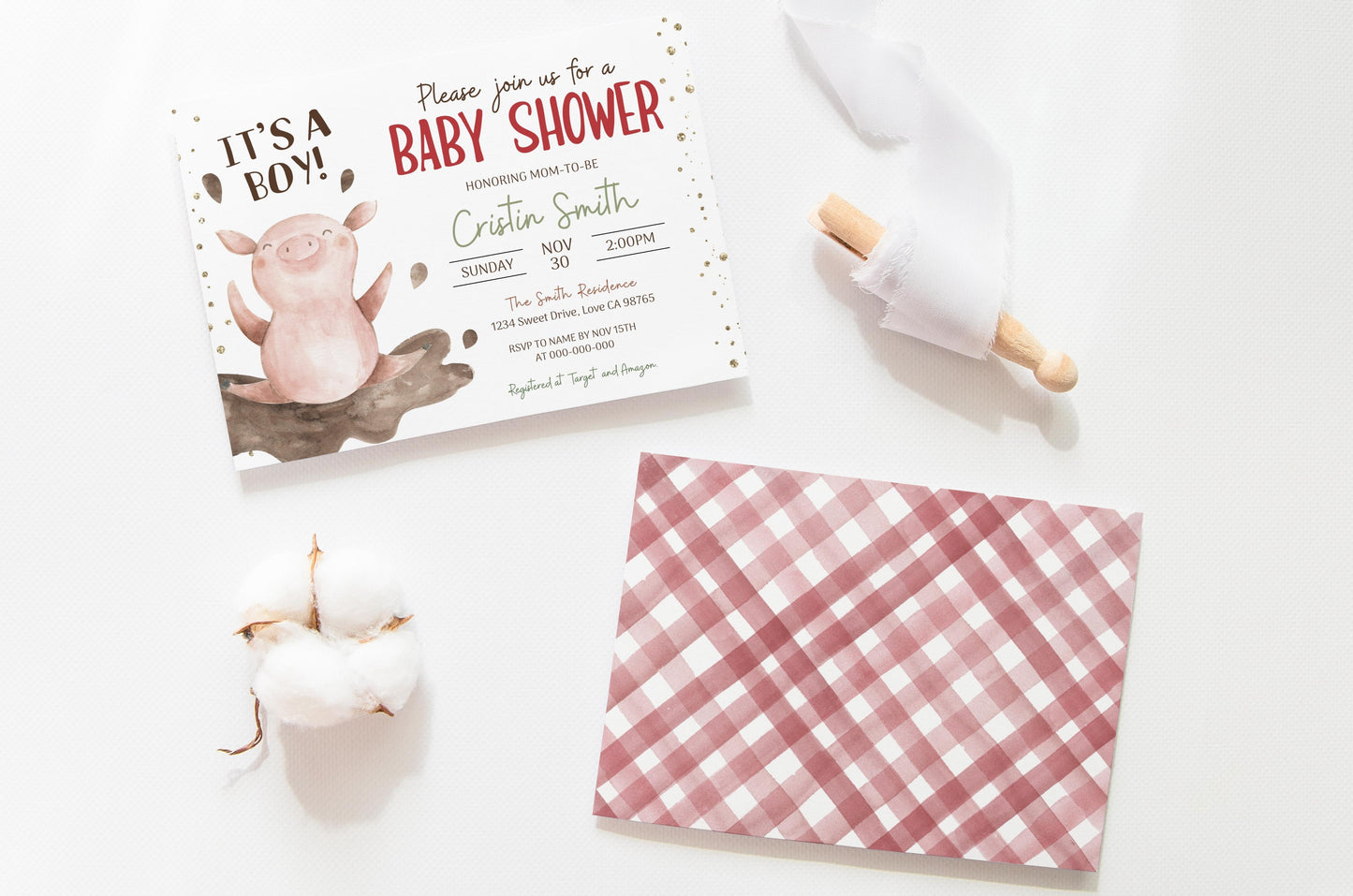 Pig Baby Shower Invitation | Editable Farm Baby Shower Invite - 11B