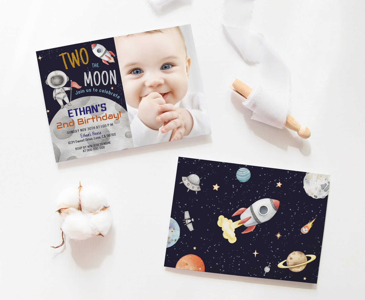 Two The Moon Space Photo Invitation | Editable Astronaut 2nd Birthday Invite - 39C