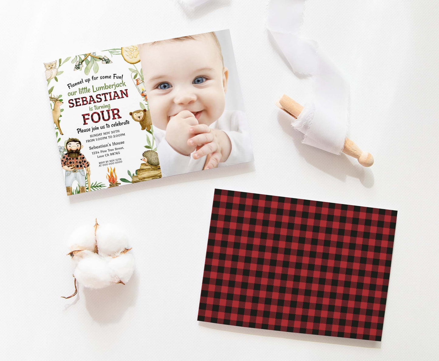 Editable Lumberjack Photo Invitation | Buffalo Plaid Birthday Invite - 19A