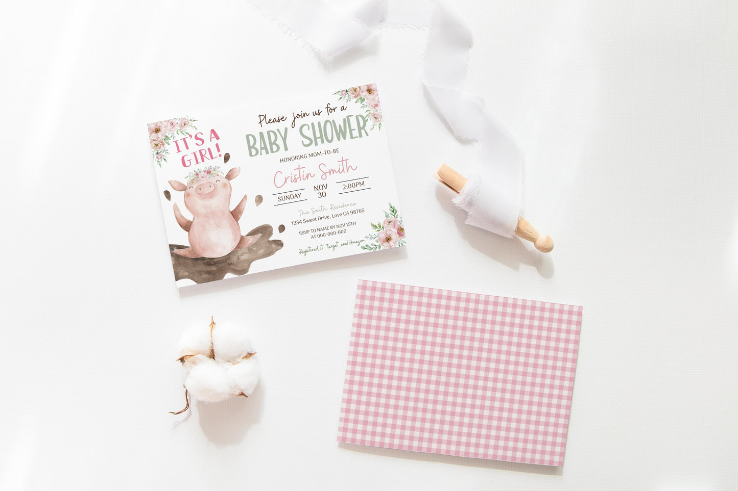 Floral Pig Baby Shower Invitation | Editable It's a Girl Farm Invite - 11B