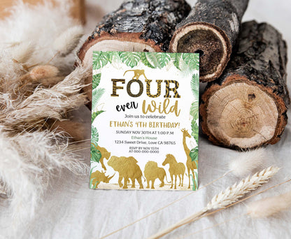 Four Ever Wild Birthday Invitation | Editable safari 4th Birthday Invite - 35K